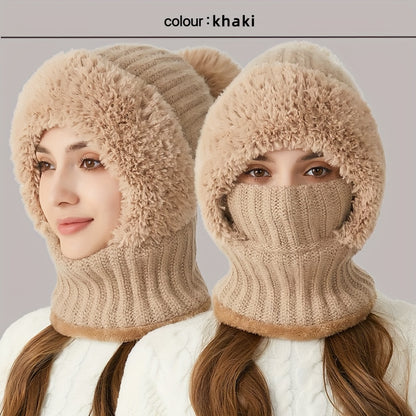 1pc Winter Warmth Acrylic Fleece-Lined Knit Beanie with Ear Flaps, Windproof Neck Gaiter Hood for Outdoor Cycling, Stretchable New Year'S Gift Hat, 100% Acrylic Woven Craftsmanship