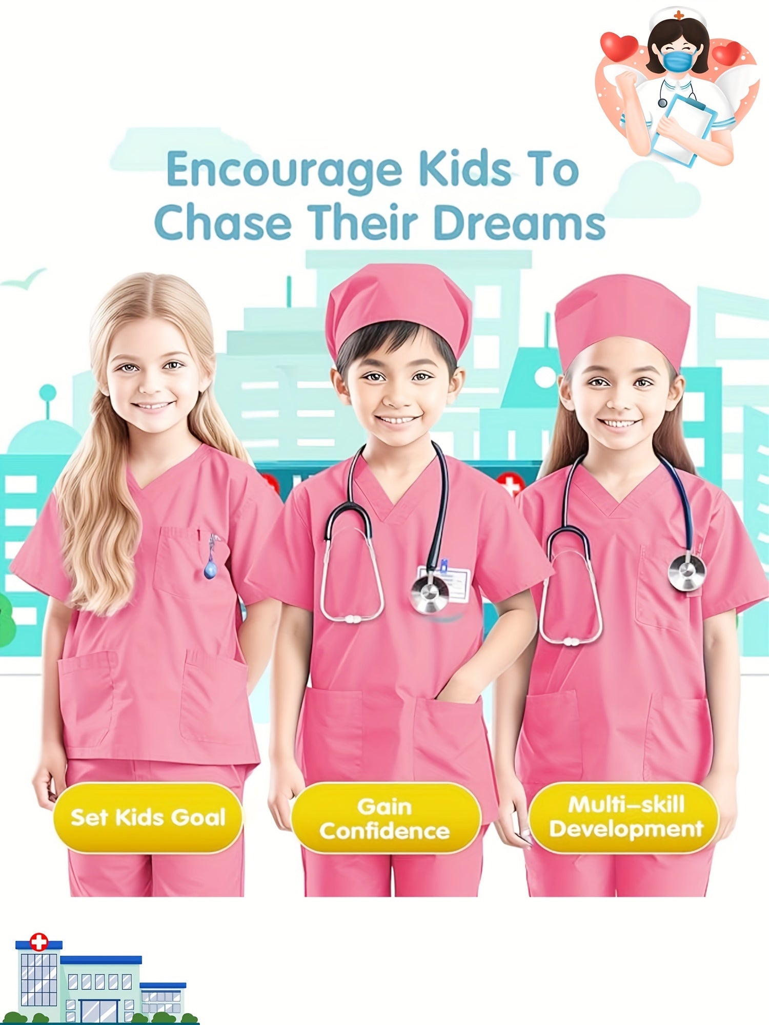 Conjunto de 6 trajes de médico de imitación para niño, camiseta de manga corta, pantalones y accesorios, ideal para Halloween, fiestas de cumpleaños, presentaciones escolares y como regalo.
