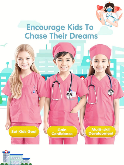 Conjunto de 6 trajes de médico de imitación para niño, camiseta de manga corta, pantalones y accesorios, ideal para Halloween, fiestas de cumpleaños, presentaciones escolares y como regalo.