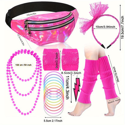 80s Fashionable Party Outfit Set for Women, Neon Retro Theme Cosplay Costume with Tutu Fanny Pack