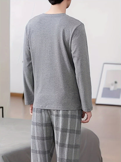 Men's Cozy Gray Long Sleeve Round Neck Top with Plaid Pants Pajama Set - Polyester, Machine Washable, Ideal for Home or Outdoor Wear