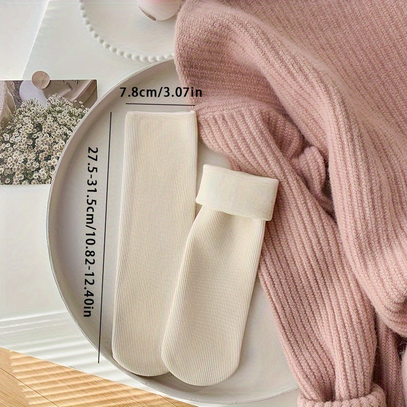 5 Pairs of Men's and Women's Warm Fleece Lined Winter Socks - Thick, Warm, Soft, Elastic, Odor Resistant, Solid Color, Polyester Blend, Knitted Fabric, Suitable for Yoga and Snow Boots