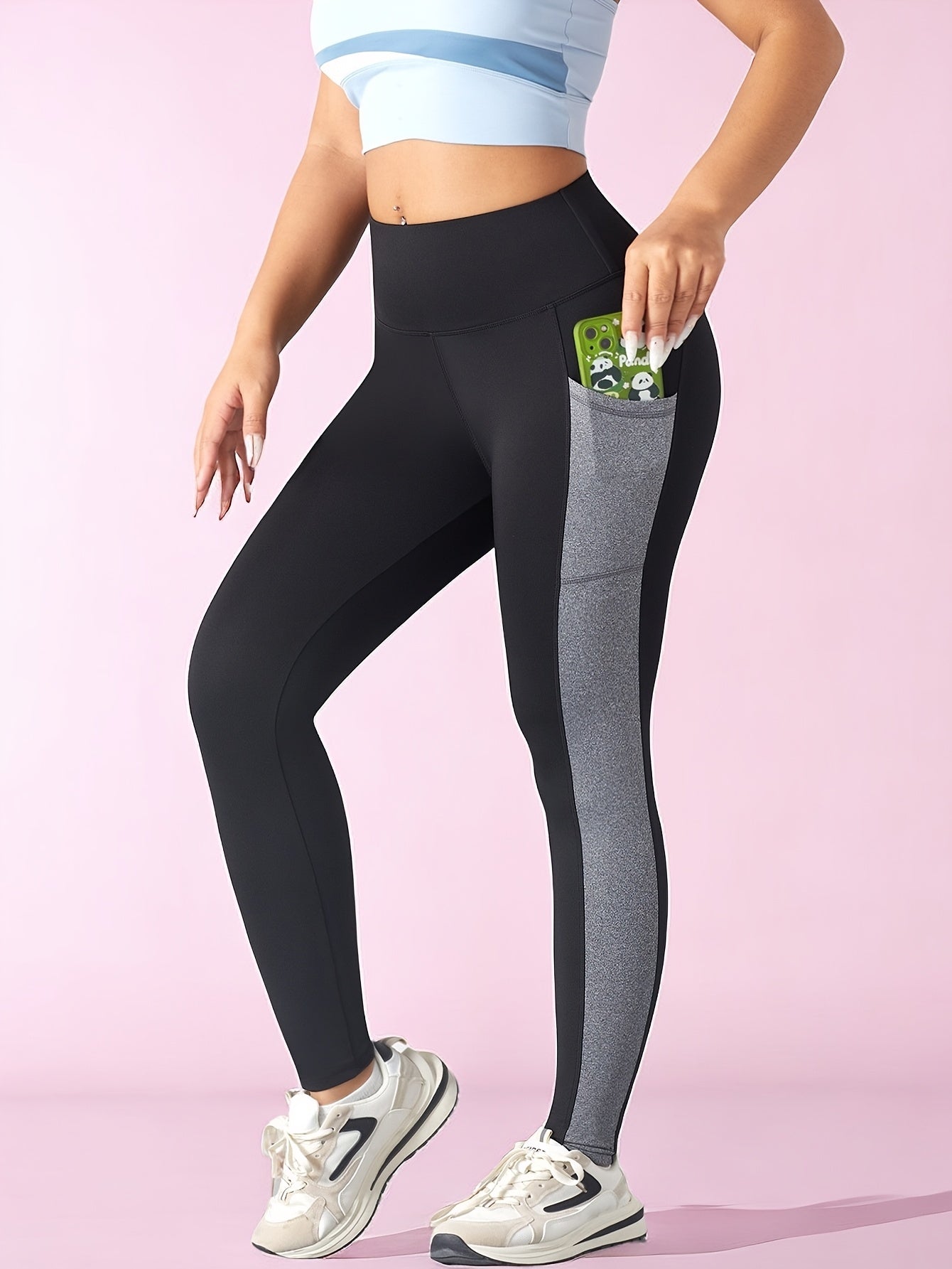 [1pc Women'S High Waist Yoga Leggings] 1pc Women'S High Waist Yoga Leggings with Contrast Color Pocket, Soft Stretchable Polyester Knit Sports Pants, Breathable Activewear for All Seasons