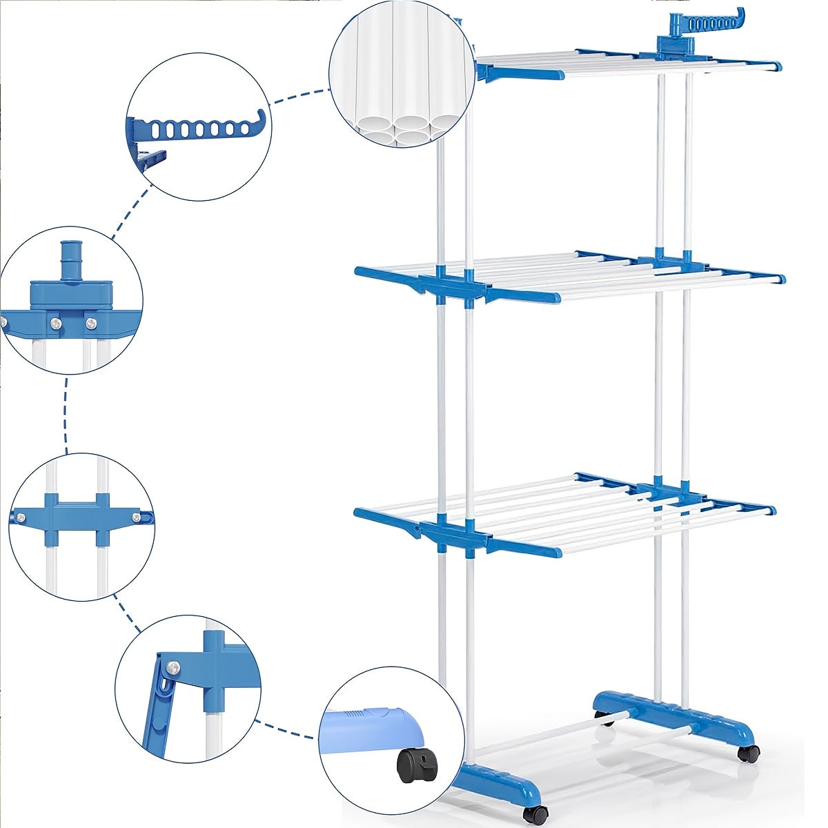 3-Tier Foldable Clothes Drying Rack with Wheels - Durable Metal & Plastic, Space-Saving Design for Indoor/Outdoor Use, Easy Assembly, Drying Racks