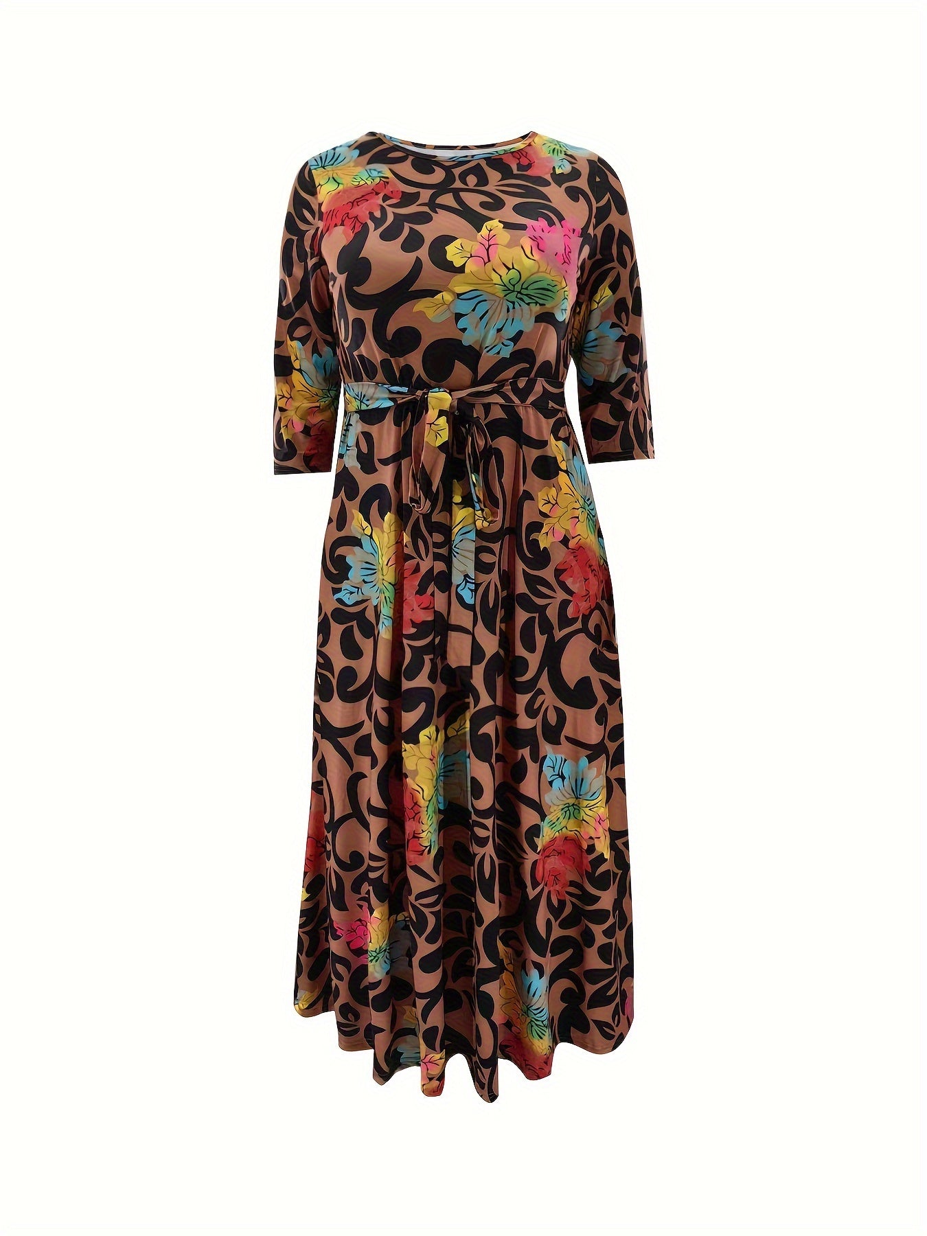 Elegante vestido de poliéster de talla grande con cinturón: cuello redondo elástico cómodo, estilo informal para el fin de semana, dobladillo recto, silueta grande con bolsillos, manga corta, tejido de punto jersey para primavera, verano y otoño.