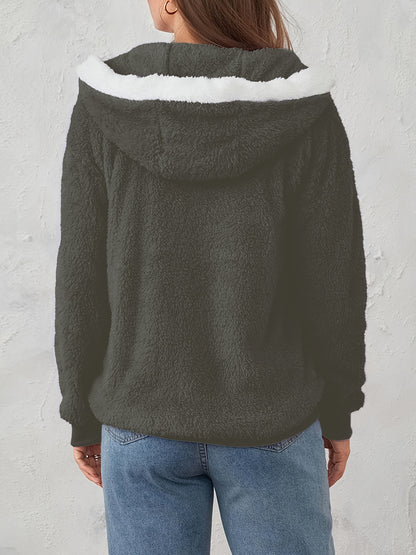 Plus Size Fuzzy Hooded Coat, Casual Long Sleeve Zipper Coat With Pockets, Women's Plus Size Clothing