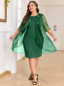 Plus Size - Elegant Plus Size Two-Piece Dress with Mesh Overlay - Navy Blue, Round Neck, Sleeveless, Flowy Design for Spring/Summer, Polyester Blend, Women'S Fashion, Plus Size Dresses