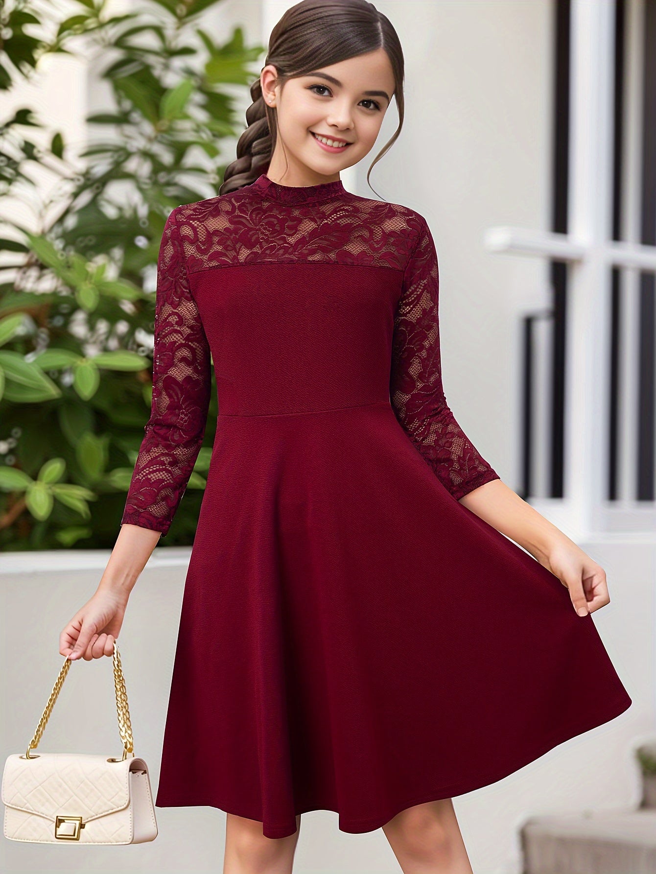 Elegant Girls' Lace-Trimmed A-Line Dress with Zipper - Solid Color, Stretchy Polyester Blend, Perfect for Spring/Summer/Fall