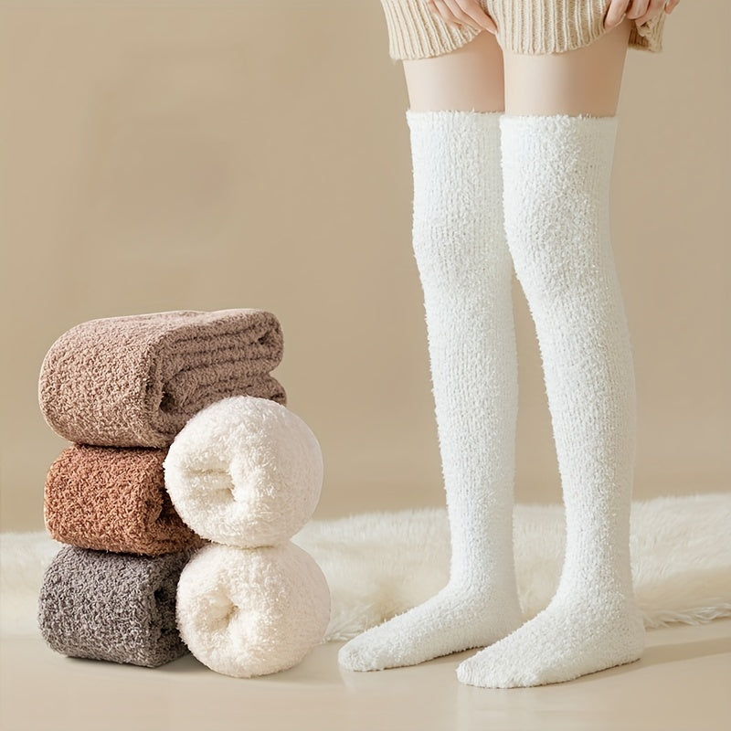 2-Pack Coral Velvet Women'S Over Knee Socks - Winter Snow Fleece Leg Socks, Non-Shedding, Thick Warm Polyester Knit Fabric, Fluffy Comfort Floor Socks, Hand Wash Only