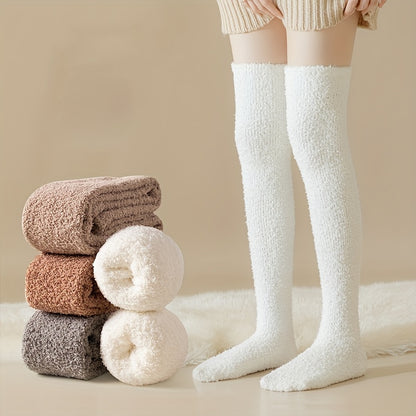 2-Pack Coral Velvet Women'S Over Knee Socks - Winter Snow Fleece Leg Socks, Non-Shedding, Thick Warm Polyester Knit Fabric, Fluffy Comfort Floor Socks, Hand Wash Only