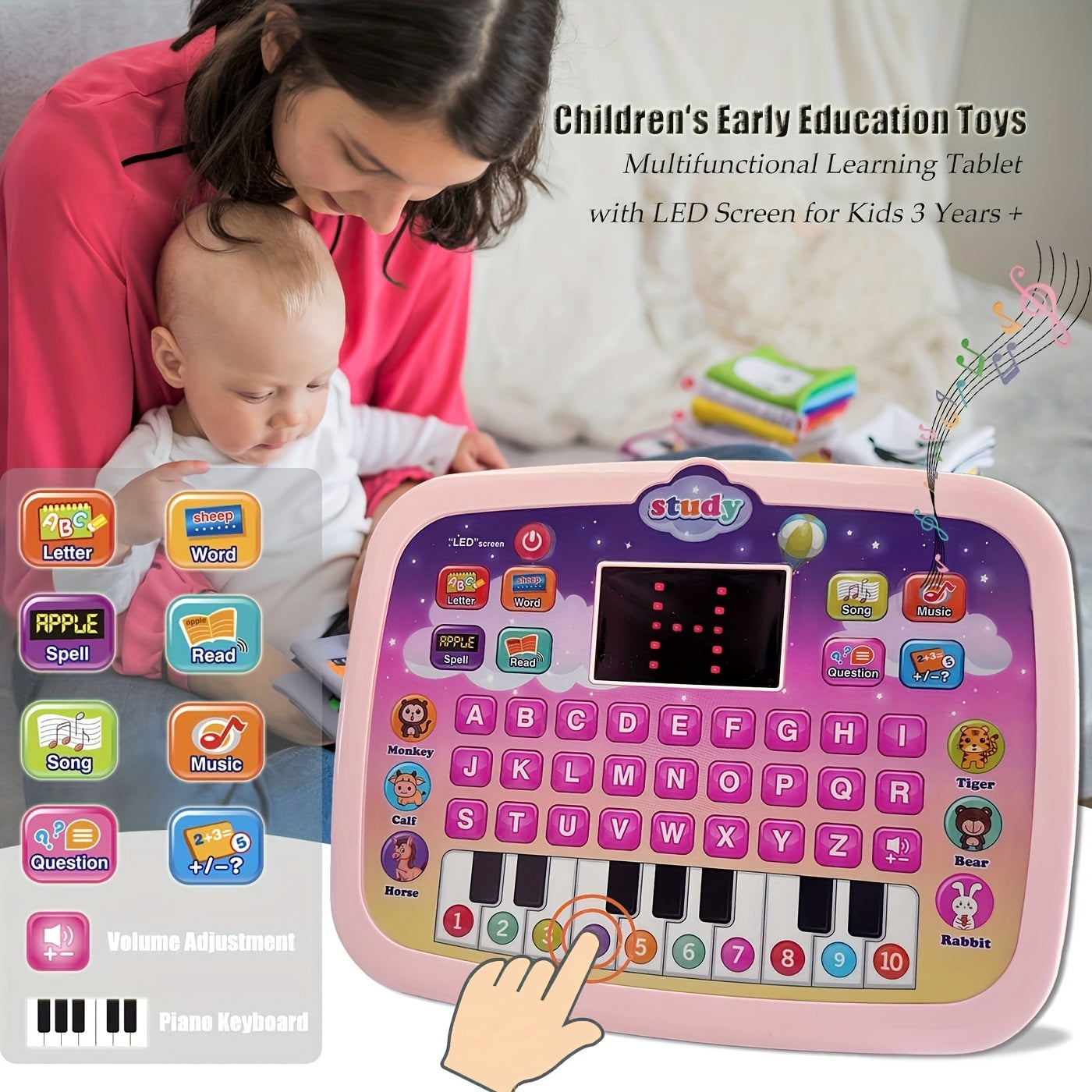 Kids Tablet Toddler Learning Pad With LED Screen Teach Alphabet Numbers Word Music Math Early Development Interactive Electronic Toy For Boys &amp; Girls (Battery Not Included) Halloween Christmas Gift