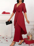 Plus Size Elegant Solid Color Pants Set, V Neck Top & Pants Outfits, Women's Plus Size Clothing
