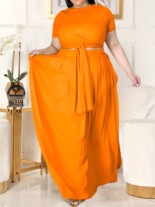 Plus Size Women's Solid Color Cross Tie Maxi Skirt Set, Casual Polyester Knit Dress with Short Sleeves, Round Neck, Pullover, Elastic Fabric, Fashionable Two-Piece Outfit