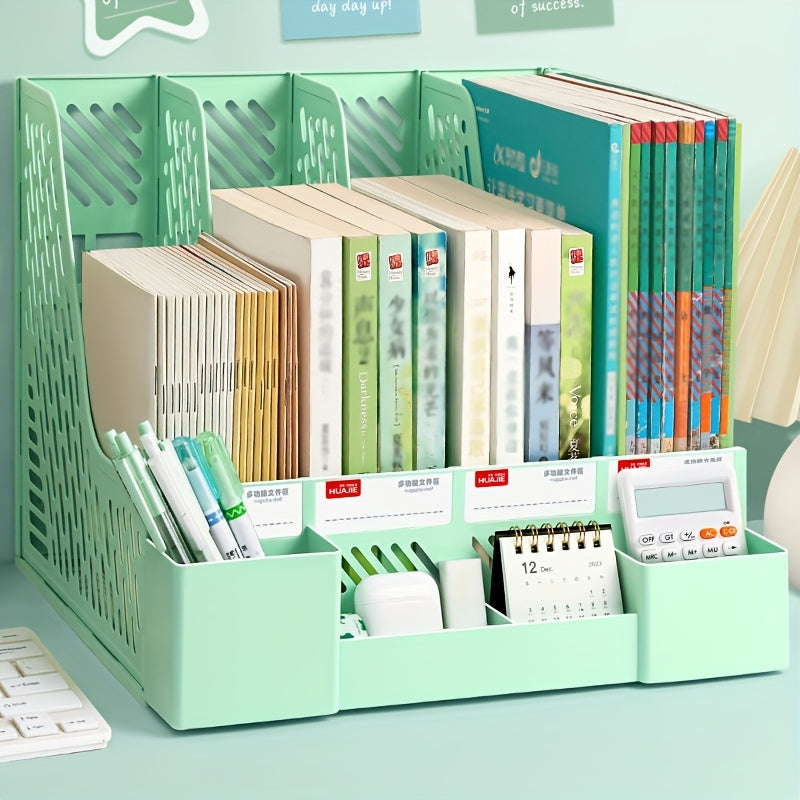 Organizador de escritorio de 4 compartimentos con portalápices: elegante y duradero para suministros de oficina y organización de archivos.