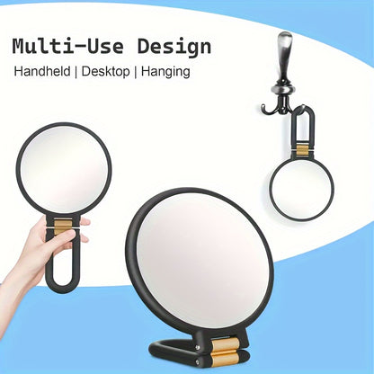 Espejo de maquillaje de mano de doble cara con aumento de 1X/30X y mango ajustable 360°. Diseño portátil y plegable para un cuidado preciso. Ideal para viajes. No necesita pilas. Marco negro con detalles dorados. Mini espejo.