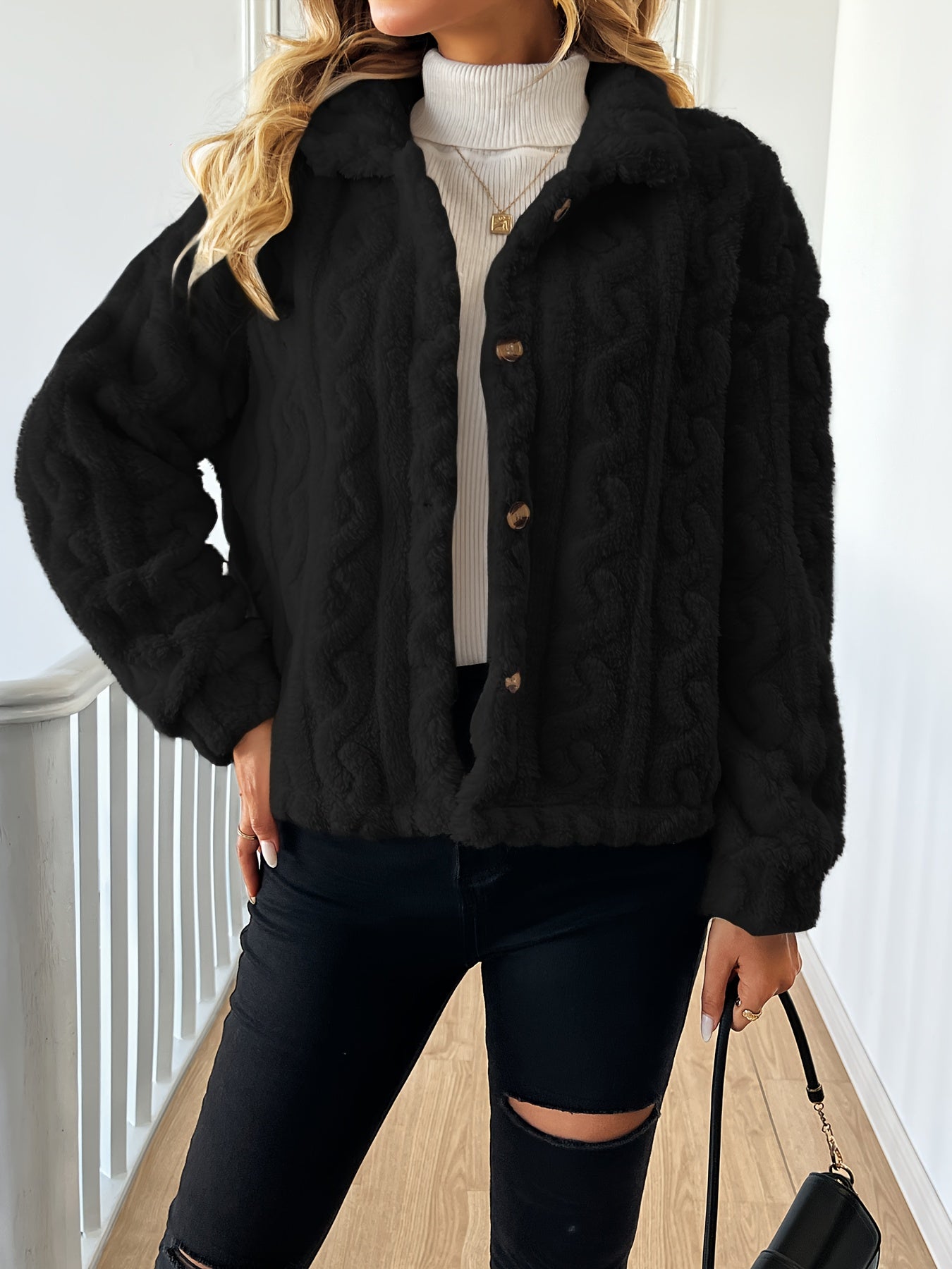 Abrigo elegante de piel sintética de manga larga para mujer, tejido de punto 100 % poliéster, color liso, abrigo de invierno para adulto.