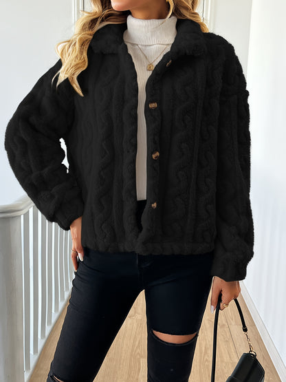 Abrigo elegante de piel sintética de manga larga para mujer, tejido de punto 100 % poliéster, color liso, abrigo de invierno para adulto.