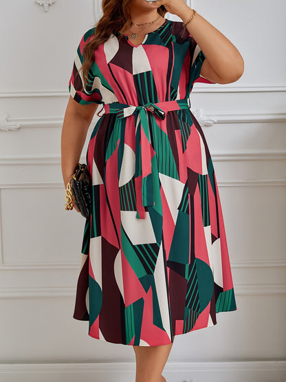 Vestido con estampado tropical y mangas murciélago, talla grande, escote en V, cintura con cinturón, poliéster ligero, lavable a máquina, ideal para vacaciones de verano. Vestidos de verano de talla grande.