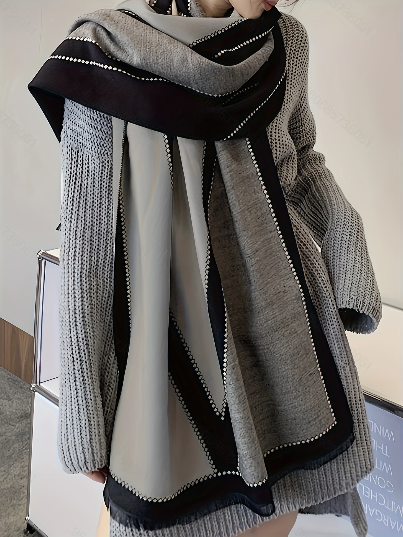 Plus Size Geometric Pattern Large Scarf, Soft Cozy Color Block Linen Shawl For Fall & Winter, Women's Plus Size Clothing