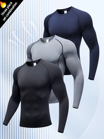 3pcs Men's Athletic Compression Long Sleeve Tops - Quick Dry, Moisture-Wicking & Breathable, High Stretch for Running, Yoga & Outdoor Activities, Casual, Sweat-wicking, Movement Style, Going Out Occasion, Leisure Outing Occas