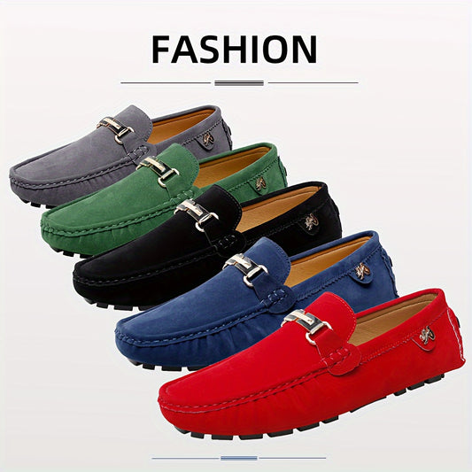 Men's Buckle-Decorated Loafers, Slip-On Driving Shoes, Flat Boat Shoes, Comfortable Soft-Soled Non-Slip Solid Color Shoes