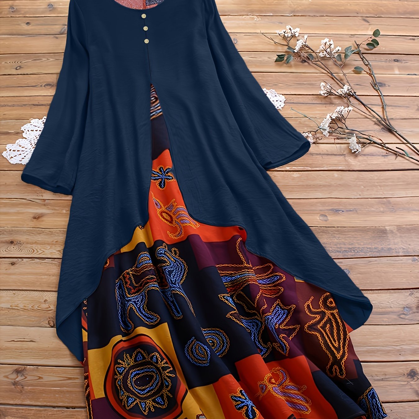 Plus Size 2-in-1 Graphic Print Dress, Casual Button Decor Crew Neck Long Sleeve Dress For Spring, Women's Plus Size Clothing
