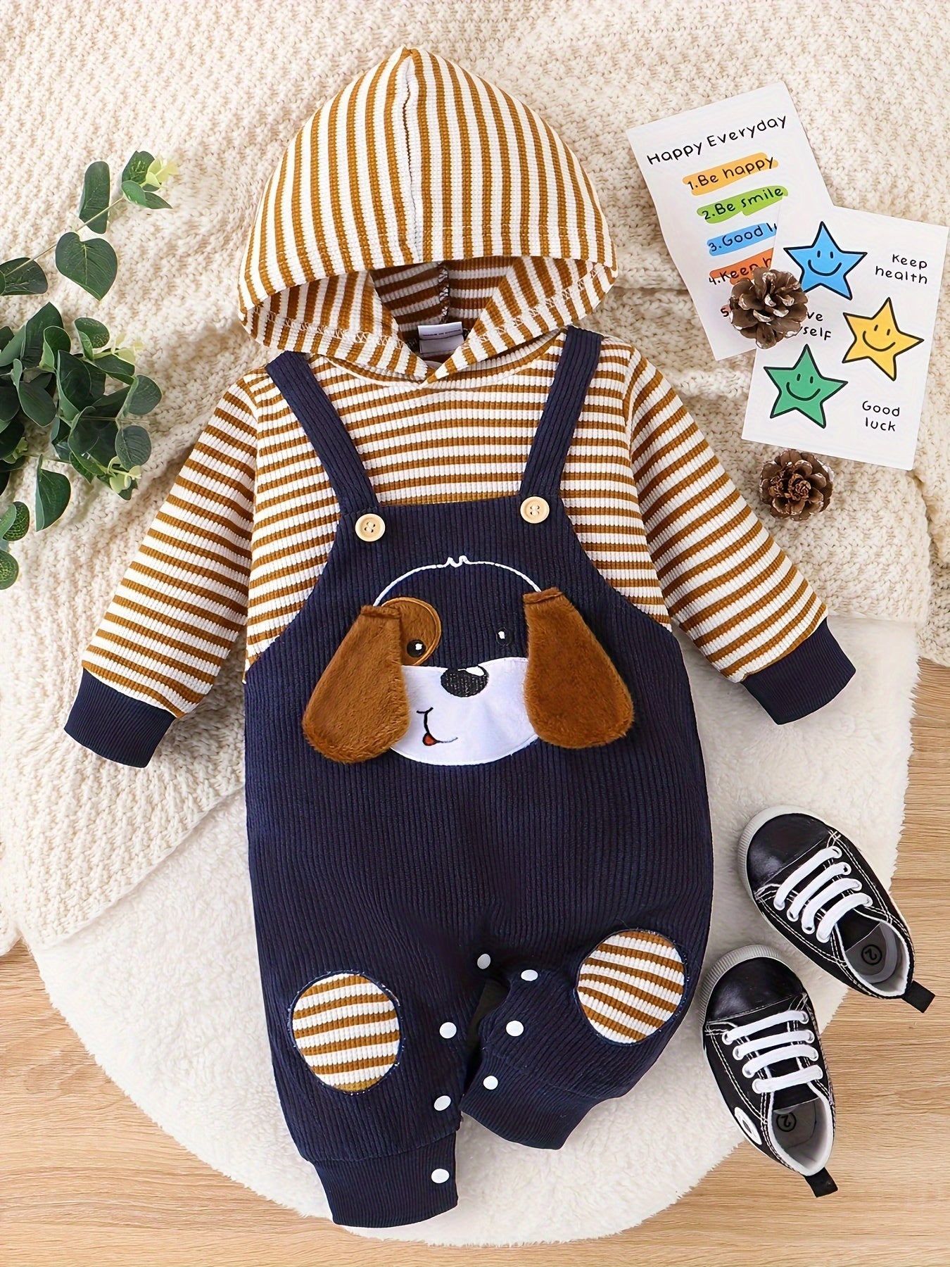 Baby Boys Cute Long Sleeve Cartoon Graphic Hooded Bodysuit 0 Months -18 Months For Winter/fall