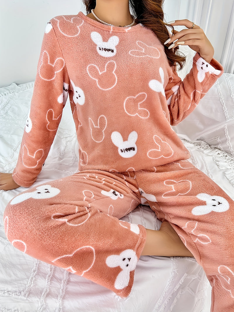 [Home Relaxation] Cozy & Warm Women's Fleece Pajama Set in Green with White Cartoon Rabbit Pattern - Soft Polyester, Anti-Static, Machine Washable - Elegant Home Loungewear with Round Neck Top & Pants for Fall/Winter, Plus Si