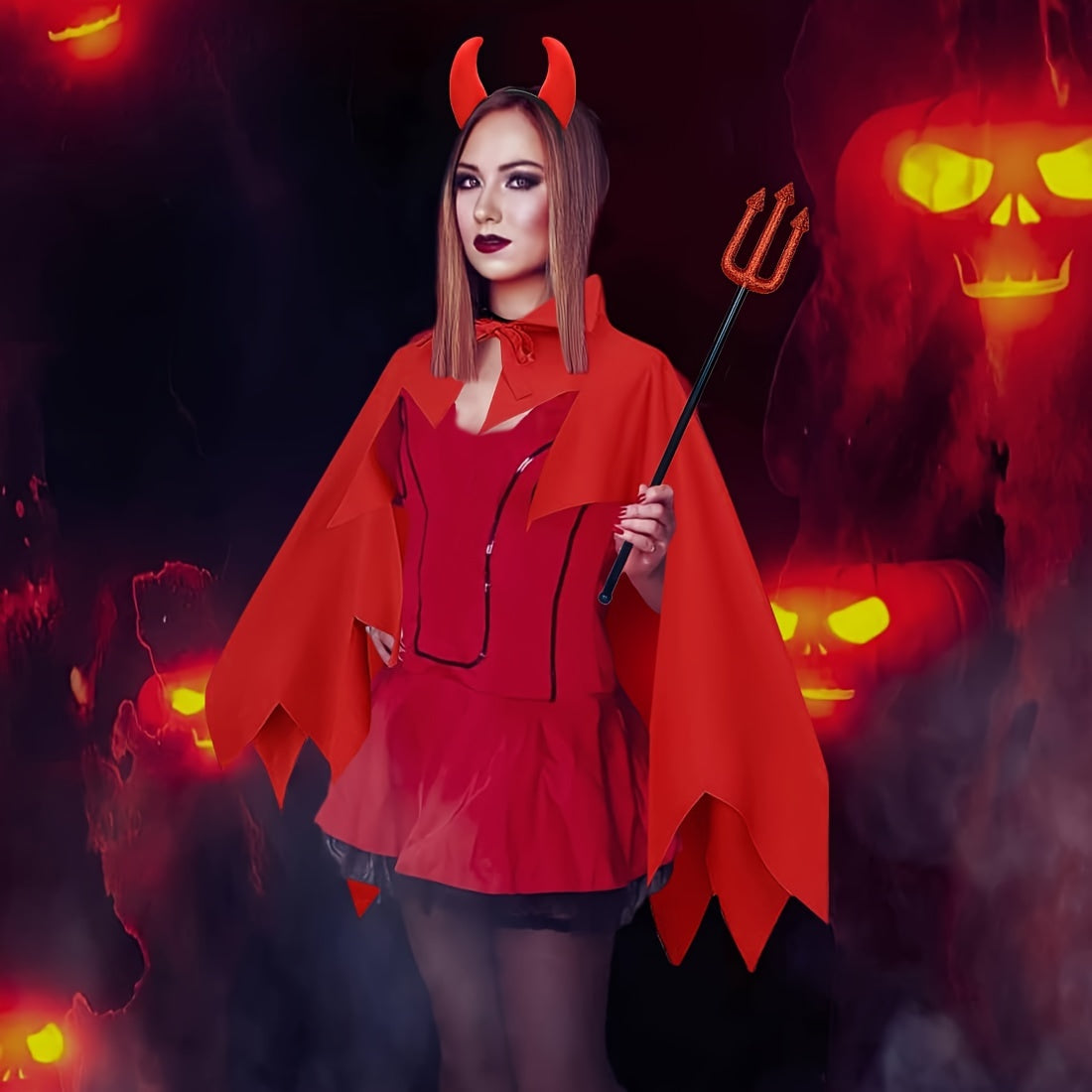 Devil Costume Set for Women - Halloween Outfit, Cosplay Cape &amp; Horn Headband with Trident, Polyester Vampire Cloak for Carnival Masquerade, Christmas, Easter, New Year, Birthday &amp; Bachelor Party - Suitable for Ages 14+ - No E
