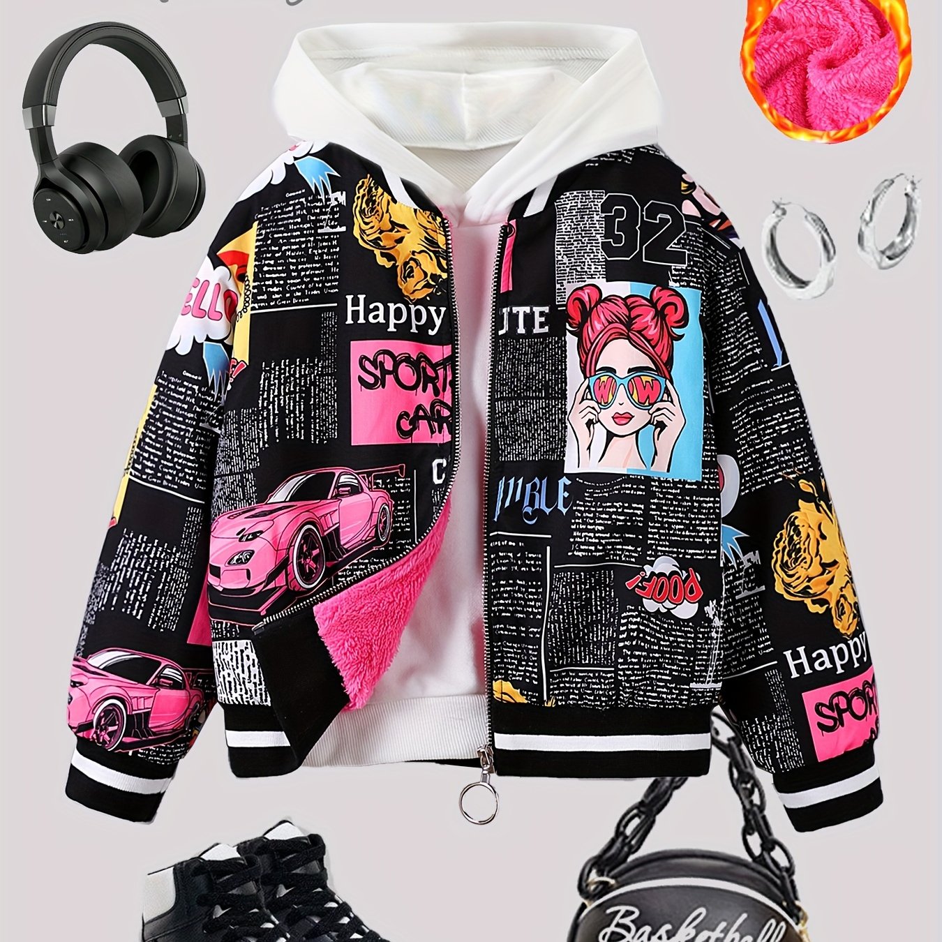 Chaqueta bomber con forro polar y estampado pop art para niña: abrigo informal con cremallera estilo béisbol para otoño/invierno, tallas 130-170