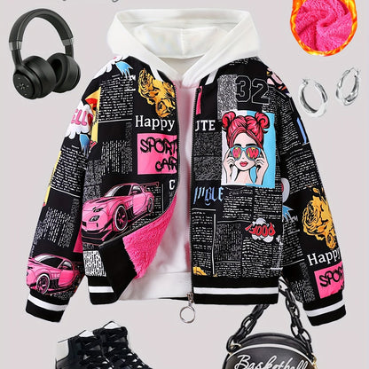 Chaqueta bomber con forro polar y estampado pop art para niña: abrigo informal con cremallera estilo béisbol para otoño/invierno, tallas 130-170
