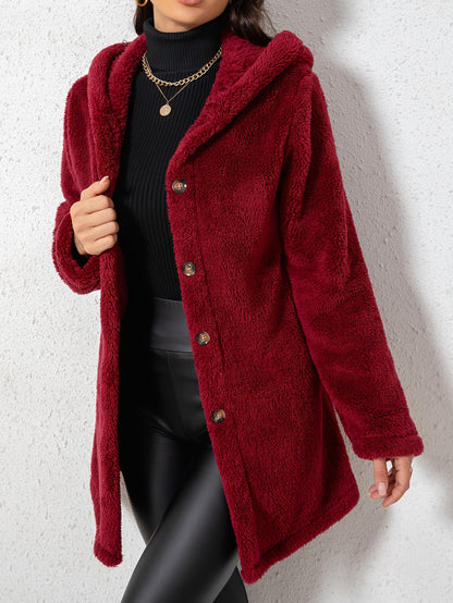 1pc Elegant Women'S Fleece Jacket, Polyester Knit Fabric, Solid Color, Fall/Winter Season, Cozy Warm Outerwear