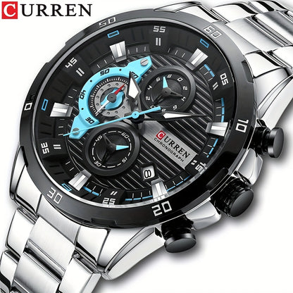 CURREN Men's Sports Watch Multifunctional Chronograph Stainless Steel Pointer Round Watch