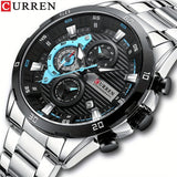 CURREN Reloj deportivo para hombre, cronógrafo multifuncional, puntero de acero inoxidable, reloj redondo