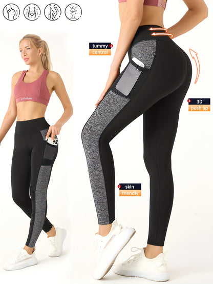 [1pc Women'S High Waist Yoga Leggings] 1pc Women'S High Waist Yoga Leggings with Contrast Color Pocket, Soft Stretchable Polyester Knit Sports Pants, Breathable Activewear for All Seasons