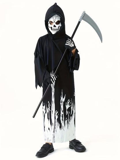 [Fast Arrival] 1pc Luminous Grim Reaper Costume for Kids - Halloween Party Storytelling, Role-Playing Performance Outfit with Hooded Jumpsuit, Gloves & Sickle, Polyester Material, Non-Transparent, Knitted Fabric, Solid Color,