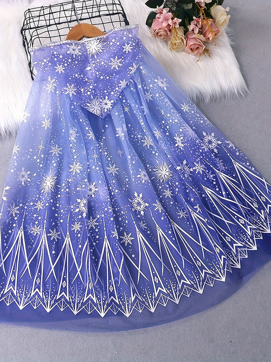 Enchanting Blue Gradient Snowflake Cape Costume for Children - Polyester; Floral Pattern; Button Detail; Knit Fabric with Slight Stretch; Regular Fit; Age 3+; Halloween Cloak Dress-Up