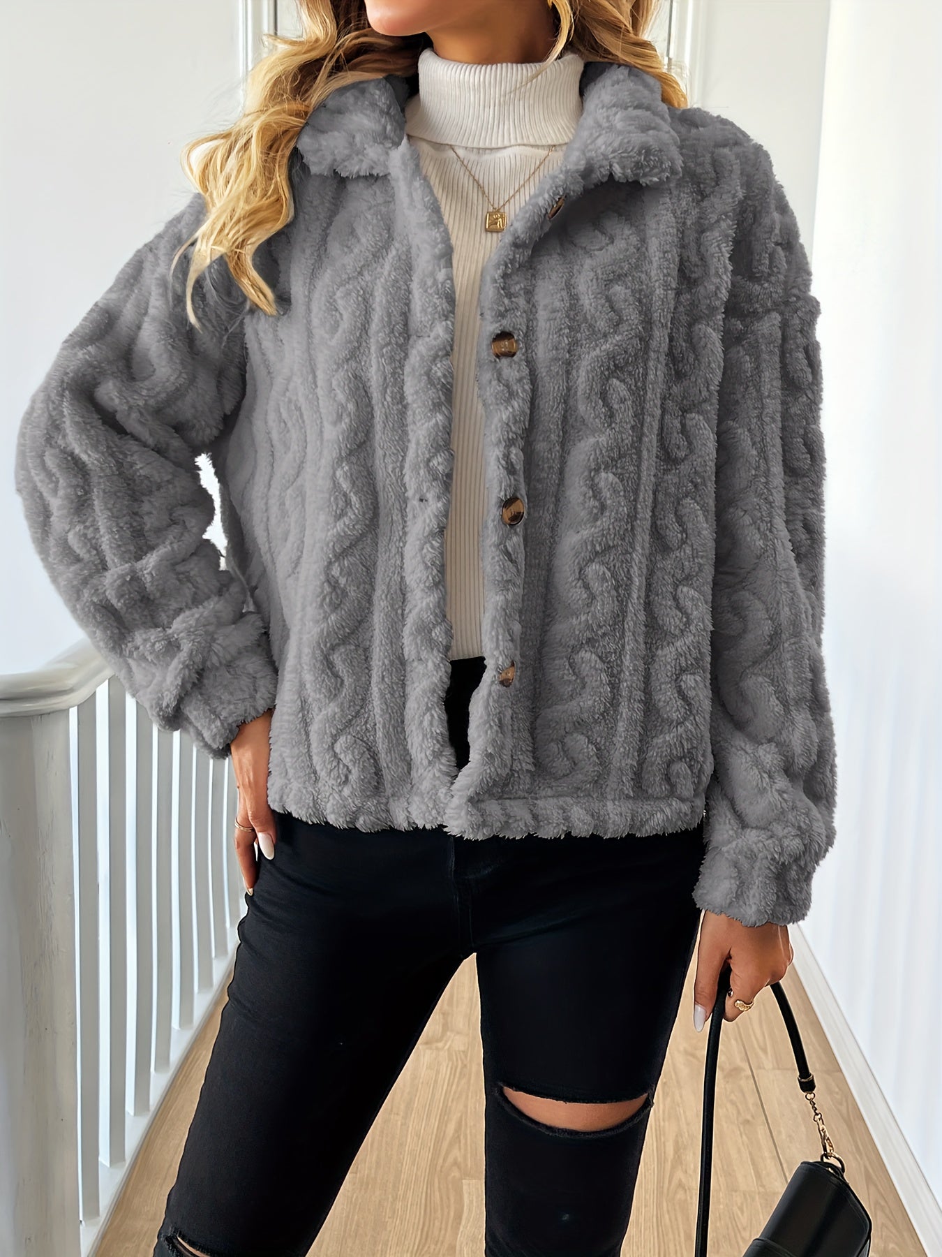 Abrigo elegante de piel sintética de manga larga para mujer, tejido de punto 100 % poliéster, color liso, abrigo de invierno para adulto.