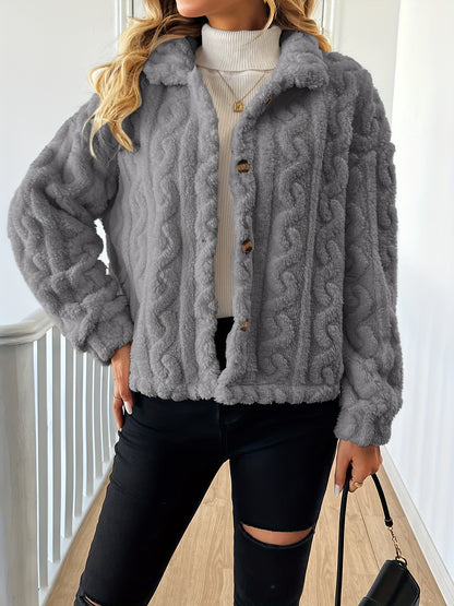 Abrigo elegante de piel sintética de manga larga para mujer, tejido de punto 100 % poliéster, color liso, abrigo de invierno para adulto.