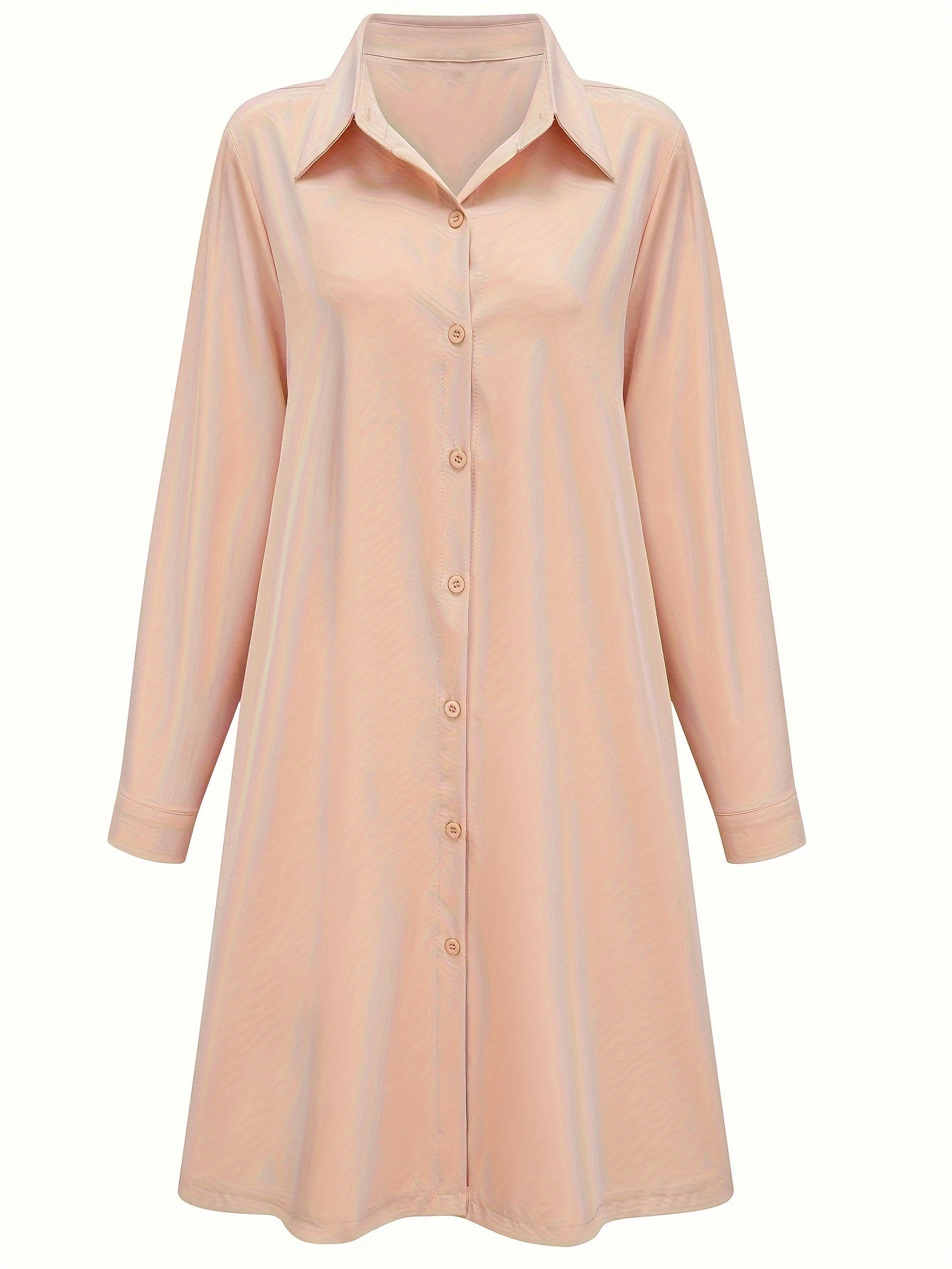 Plus Size Casual Dress, Women's Plus Solid Button Up Long Sleeve Turn Down Collar Shirt Dress