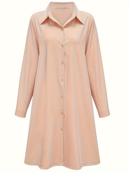 Plus Size Casual Dress, Women's Plus Solid Button Up Long Sleeve Turn Down Collar Shirt Dress