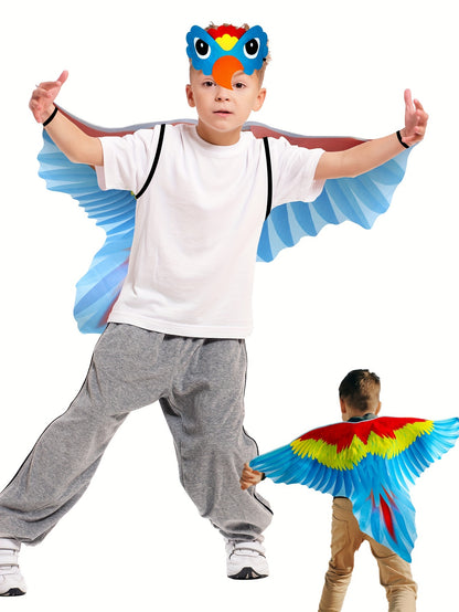 2pcs Boy's Bird Wings Cape Imitation Parrot-Wings Clothes + Mask Suit, Perfect For Birthday, Halloween And Carnival Party Playing & Performance