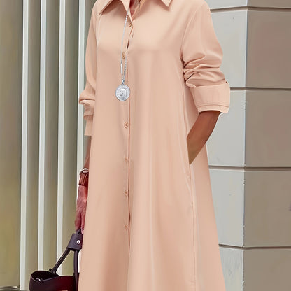 Plus Size Casual Dress, Women's Plus Solid Button Up Long Sleeve Turn Down Collar Shirt Dress
