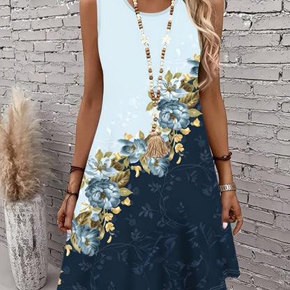 Vestido sin mangas con estampado floral para mujer, talla grande, corte A - Elegante vestido romántico de verano con degradado y estampado floral azul vibrante y dorado, tejido ligero e informal, perfecto para primavera y verano | Vibr