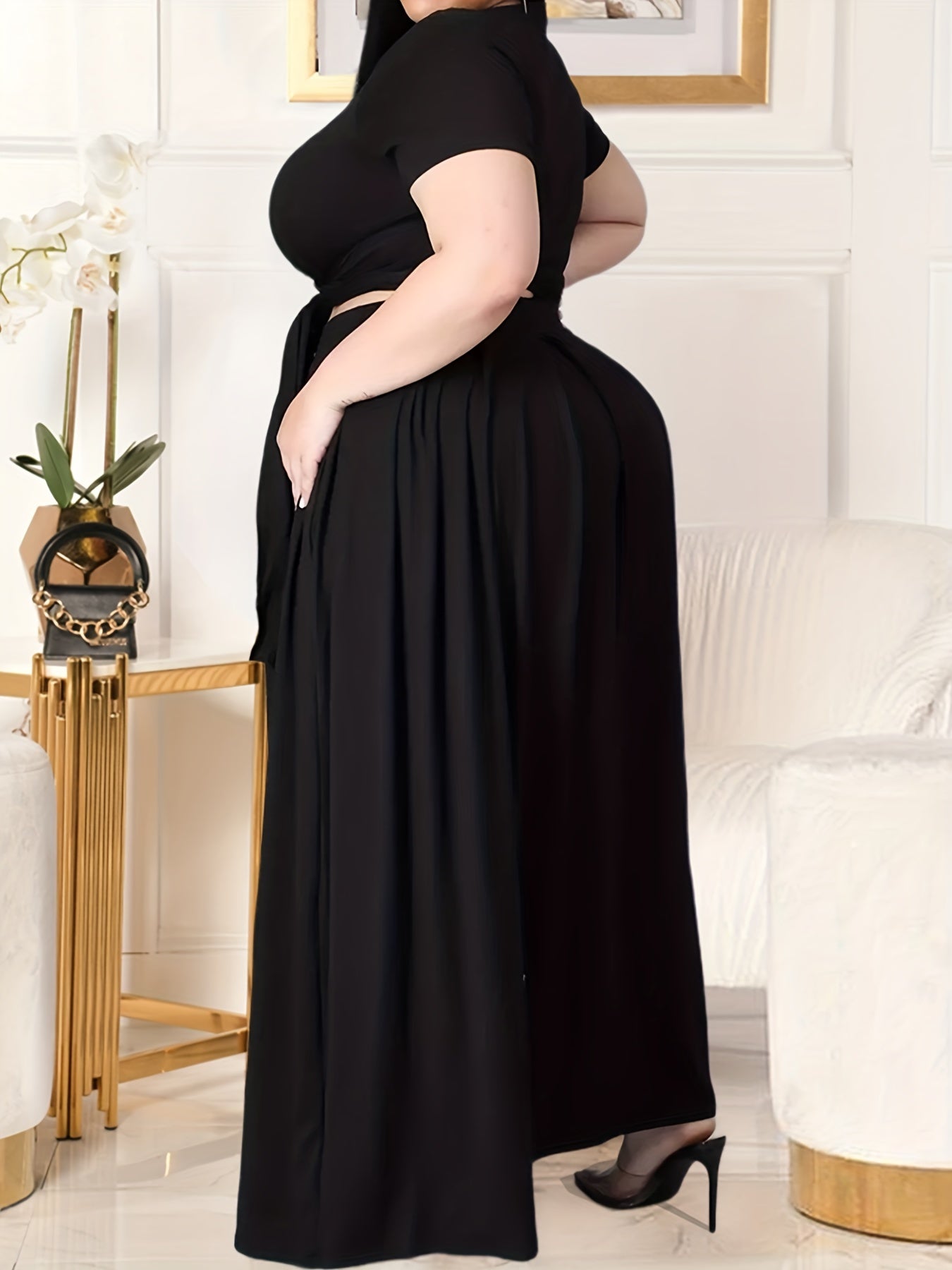 Plus Size Women's Solid Color Cross Tie Maxi Skirt Set, Casual Polyester Knit Dress with Short Sleeves, Round Neck, Pullover, Elastic Fabric, Fashionable Two-Piece Outfit