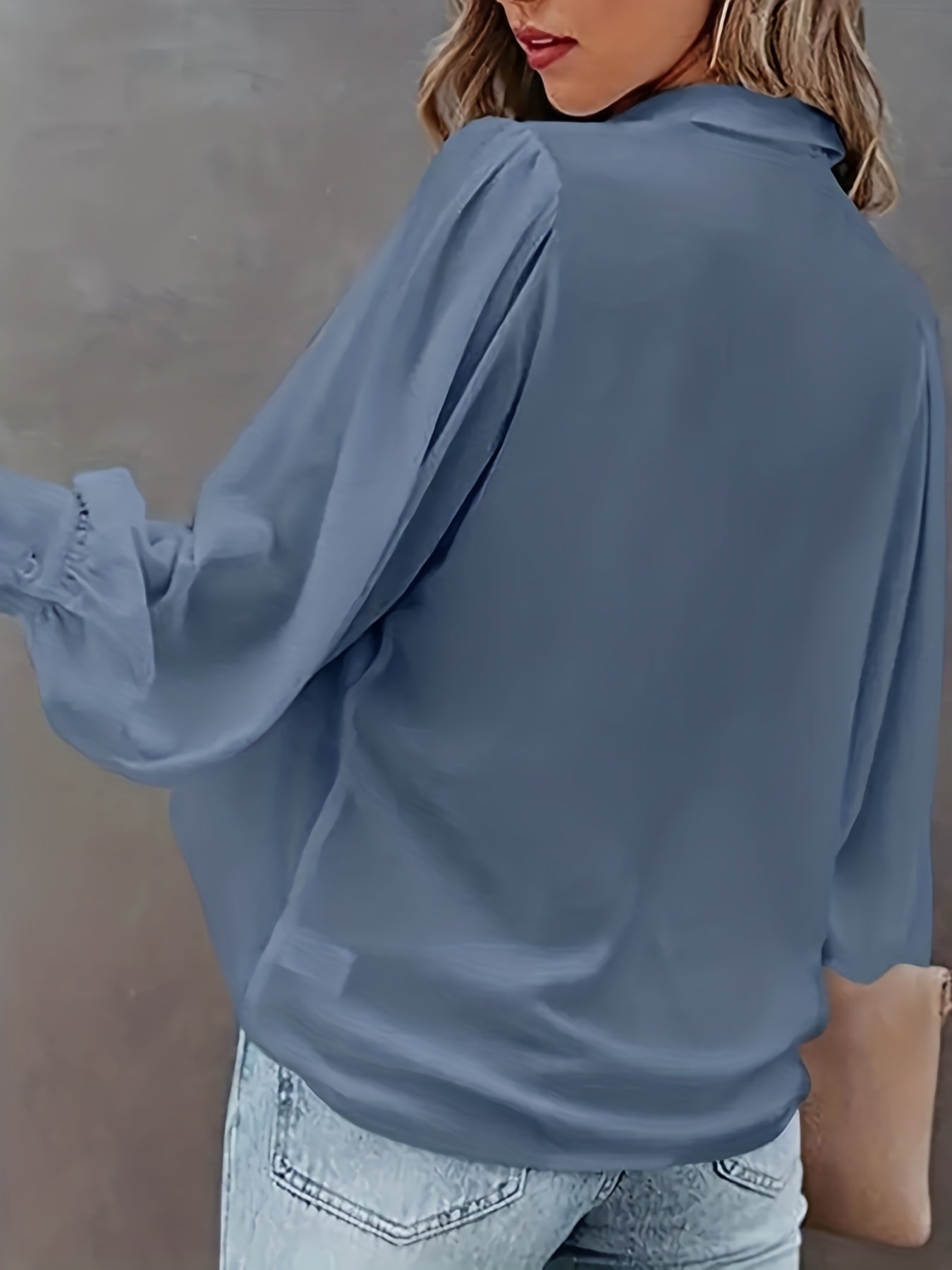 Blusa básica de talla grande para mujer, con botones, mangas farol, cuello vuelto, ligeramente elástica