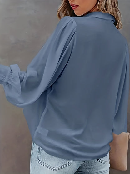 Blusa básica de talla grande para mujer, con botones, mangas farol, cuello vuelto, ligeramente elástica