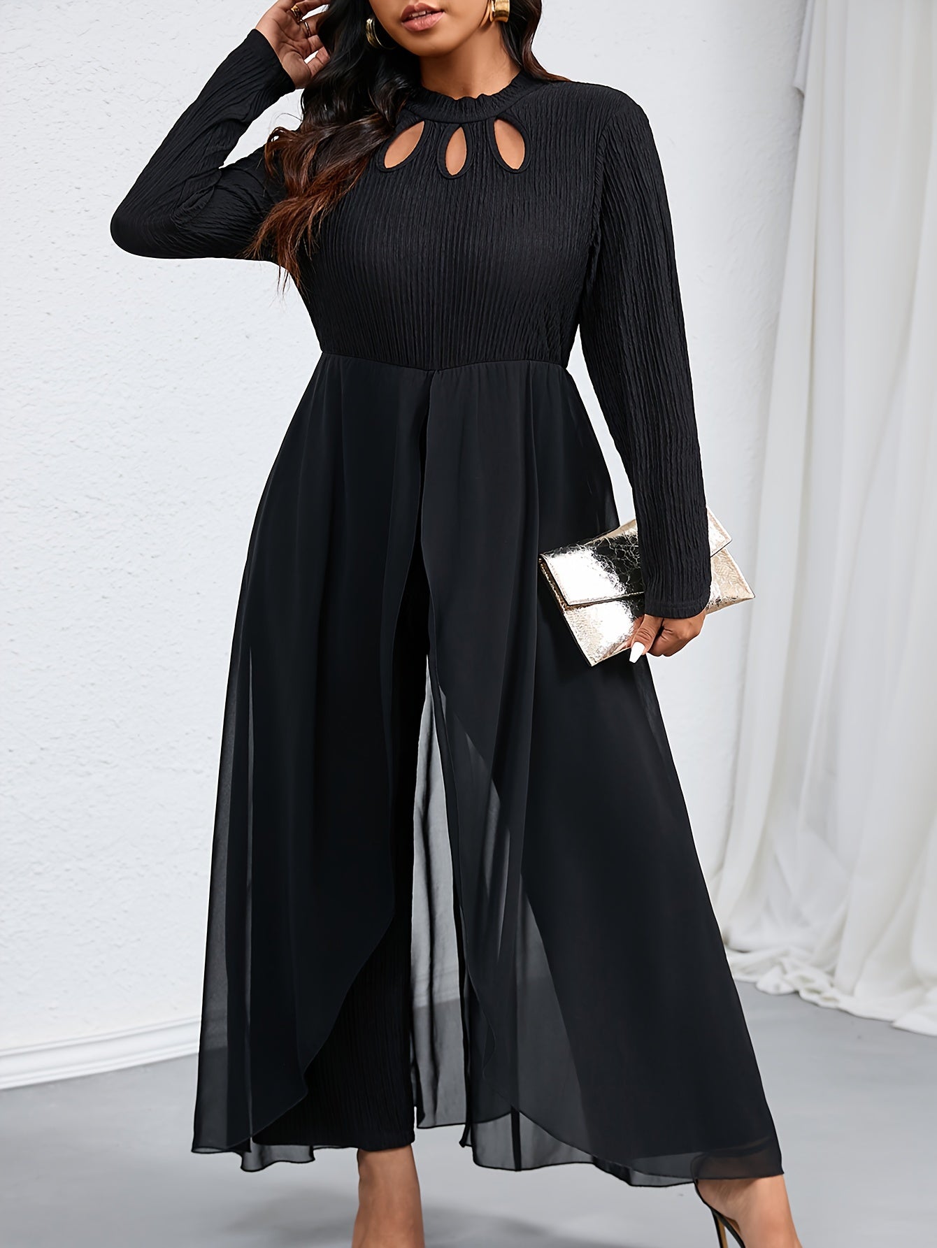 Elegant Women's Plus-Size T-Shirt Jumpsuit with Hollow-Out Detail, Polyester Knit Fabric, Small Stand Collar, Solid Color, Mid-Stretch, for Autumn/Winter