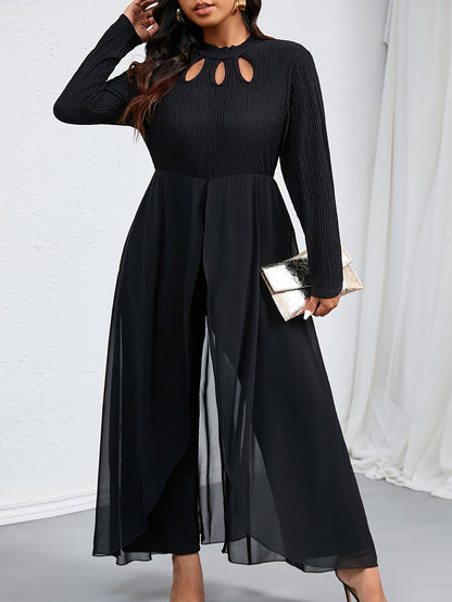 Elegant Women's Plus-Size T-Shirt Jumpsuit with Hollow-Out Detail, Polyester Knit Fabric, Small Stand Collar, Solid Color, Mid-Stretch, for Autumn/Winter