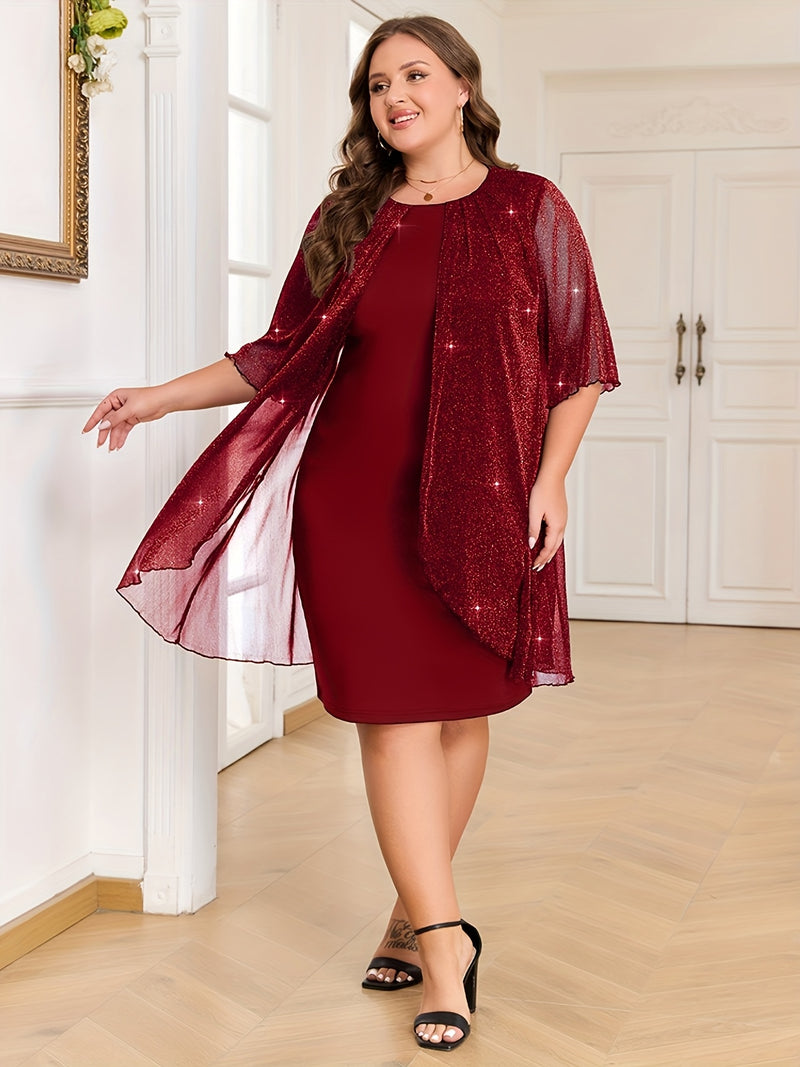 Plus Size - Elegant Plus Size Two-Piece Dress with Mesh Overlay - Navy Blue, Round Neck, Sleeveless, Flowy Design for Spring/Summer, Polyester Blend, Women'S Fashion, Plus Size Dresses